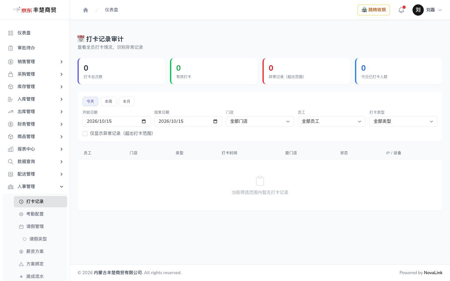 团队考勤页，可按日期、门店、员工、打卡类型筛选并查看异常