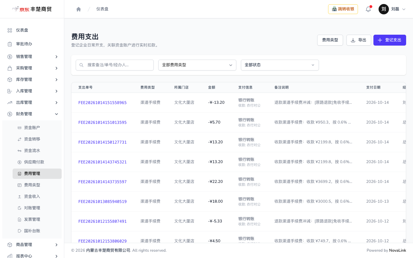 费用报销页面，可按状态筛选
