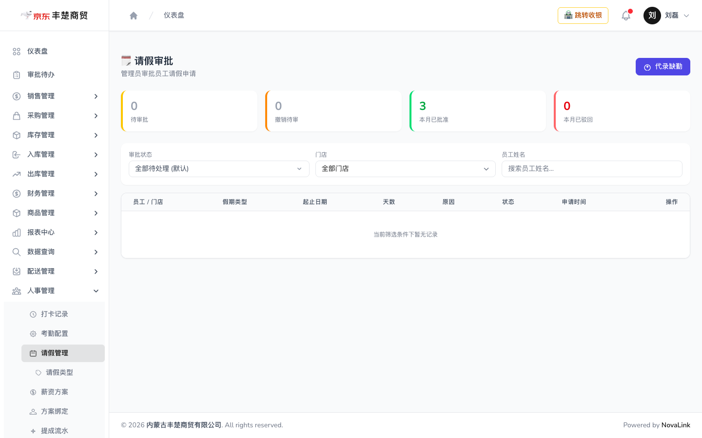 请假管理页，默认显示待处理，可筛选状态、门店与姓名