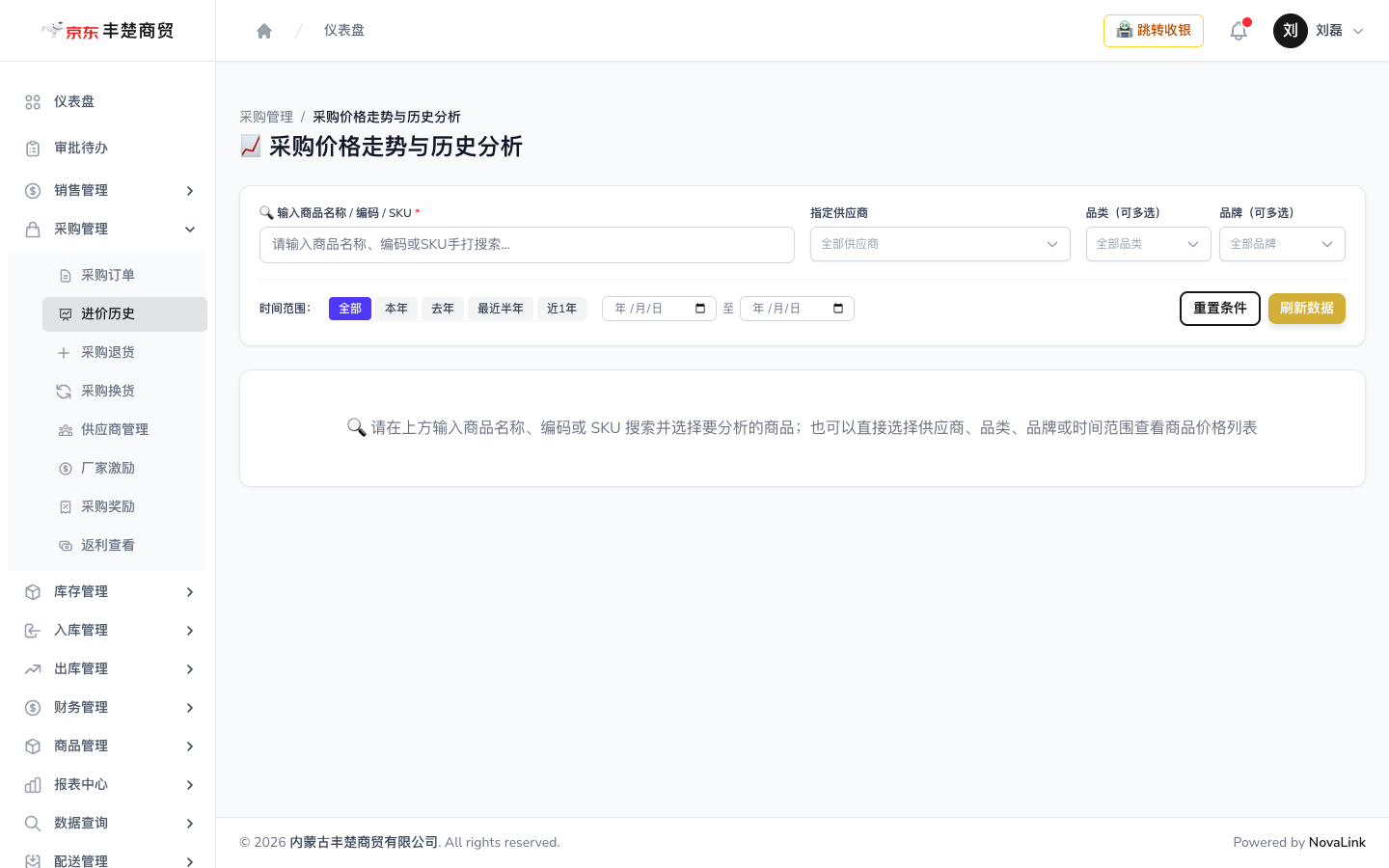 采购价格走势与历史分析页面，按商品、供应商、品类、品牌与时间范围分析
