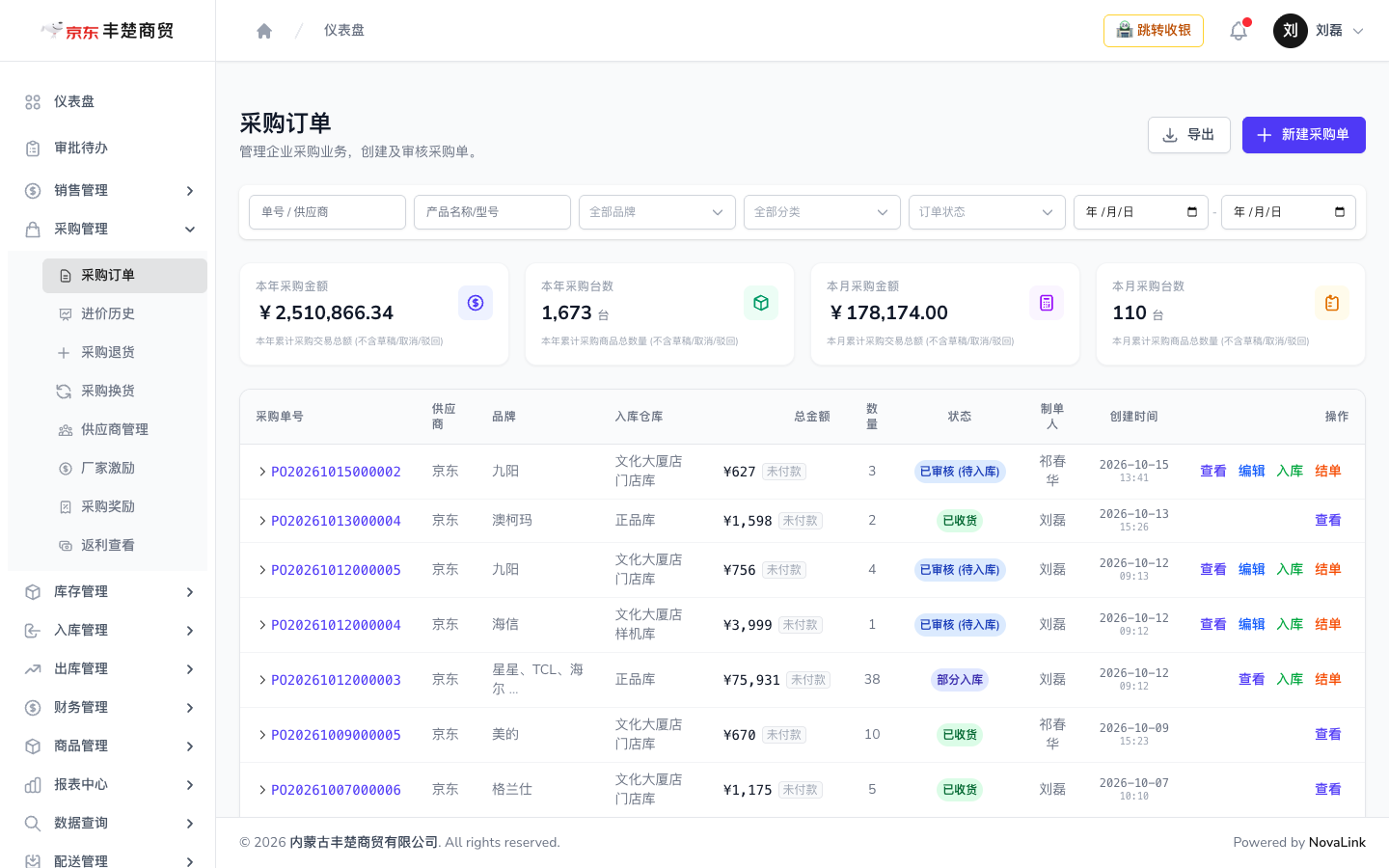 采购订单列表页，含状态标签（已审核（待入库）/已收货/部分入库）与入库、结单操作