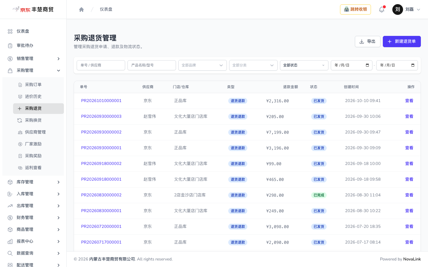 采购退货管理页面，含单号、类型（退货退款）、退款金额与状态