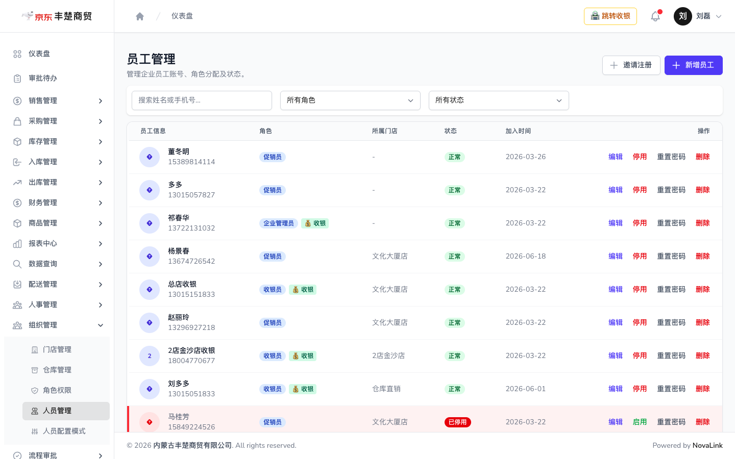 员工管理页面，可新增、编辑、停用员工，并为每人分配角色