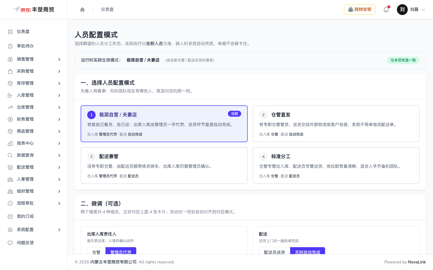 人员配置模式页面，四种模式卡片与微调项，顶部显示运行时实际生效模式
